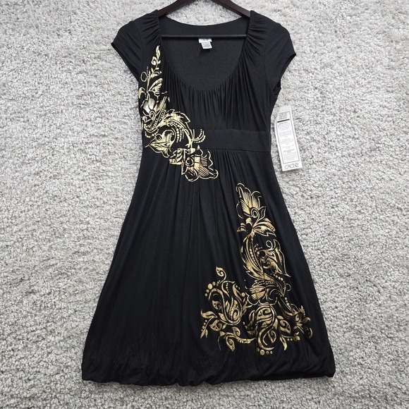 Cache Dress Womens Medium Black Mini Gold Floral Goth Y2K Retro Fairy Grunge - Picture 1 of 10
